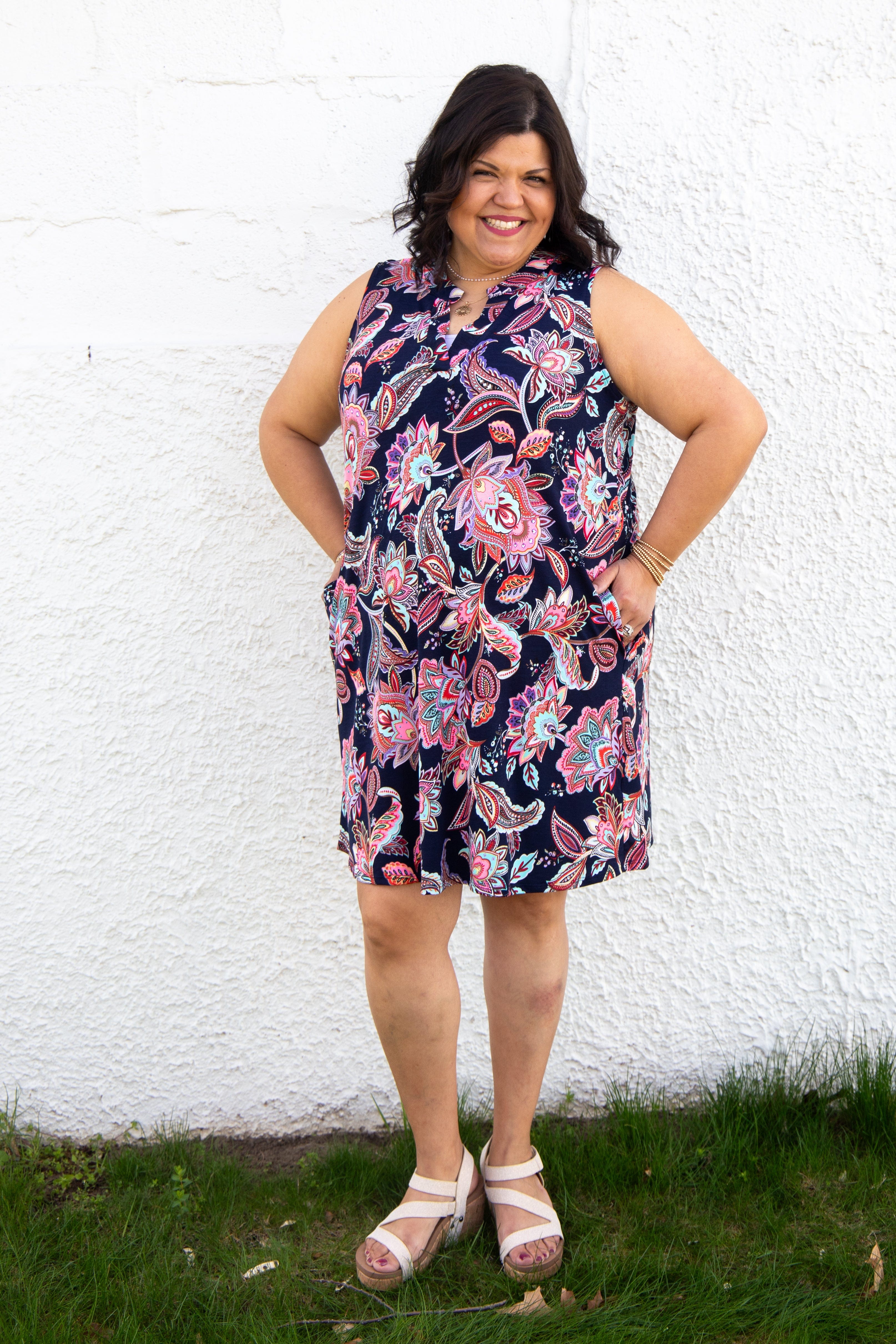 Navy Floral Paisley Sleeveless Dress styled