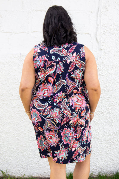 Navy Floral Paisley Sleeveless Dress back