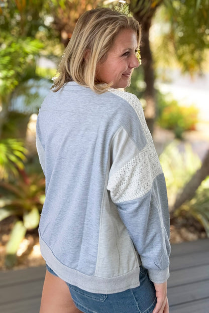 Grey French Terry & Lace Oversized Pullover Back