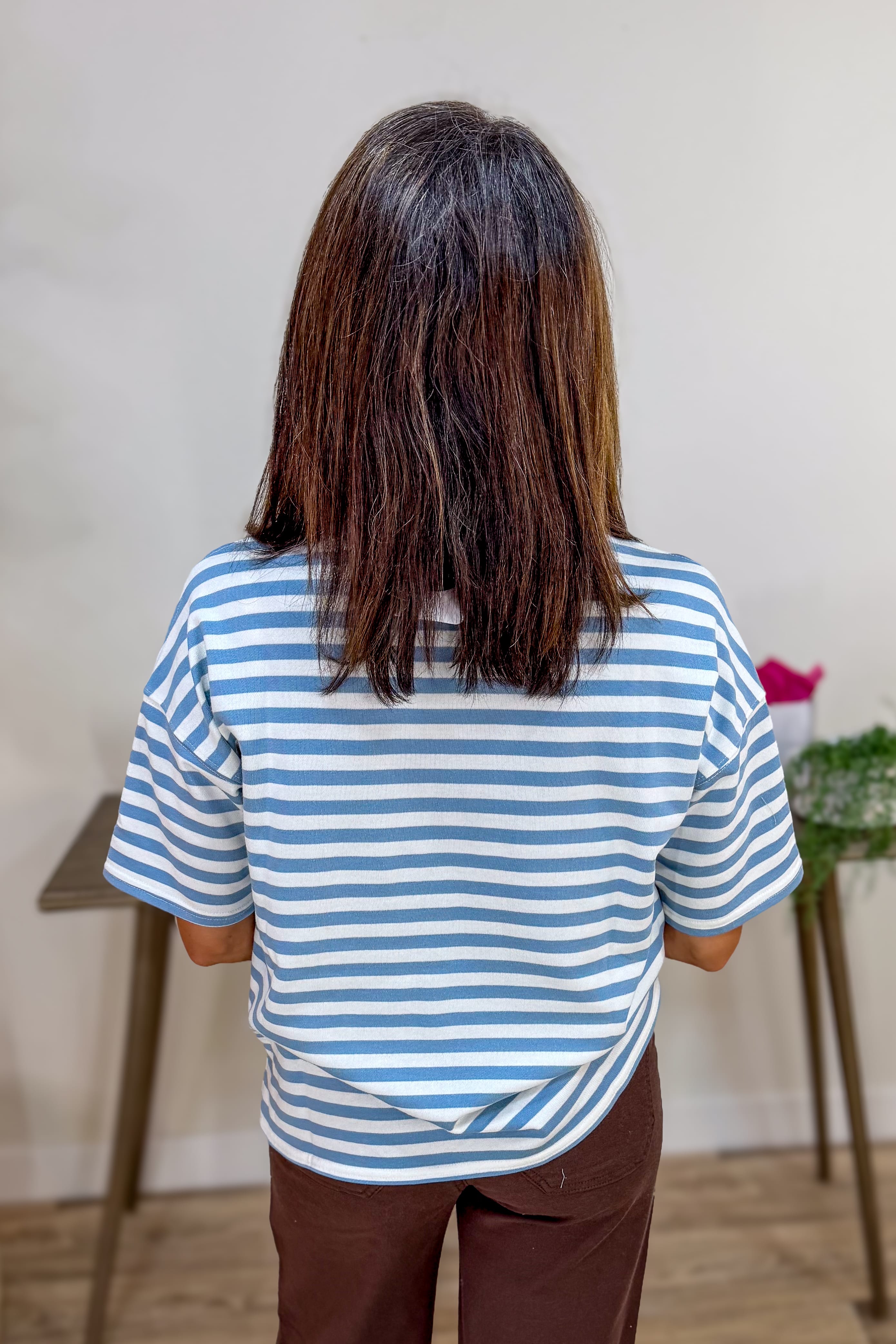 Dusty Blue Stripe Colorblock Knit Top Back