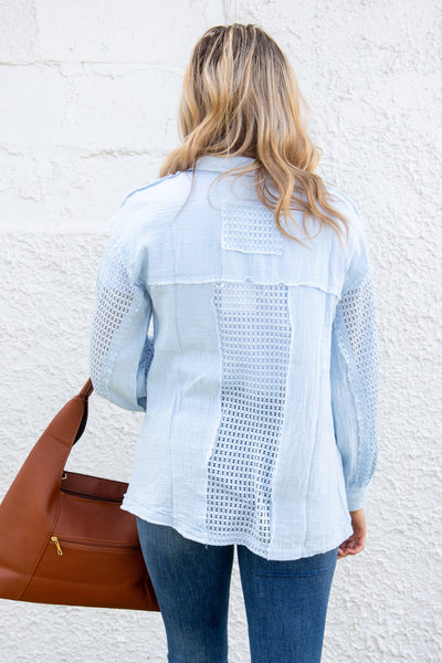 Blue Crochet Button Up back