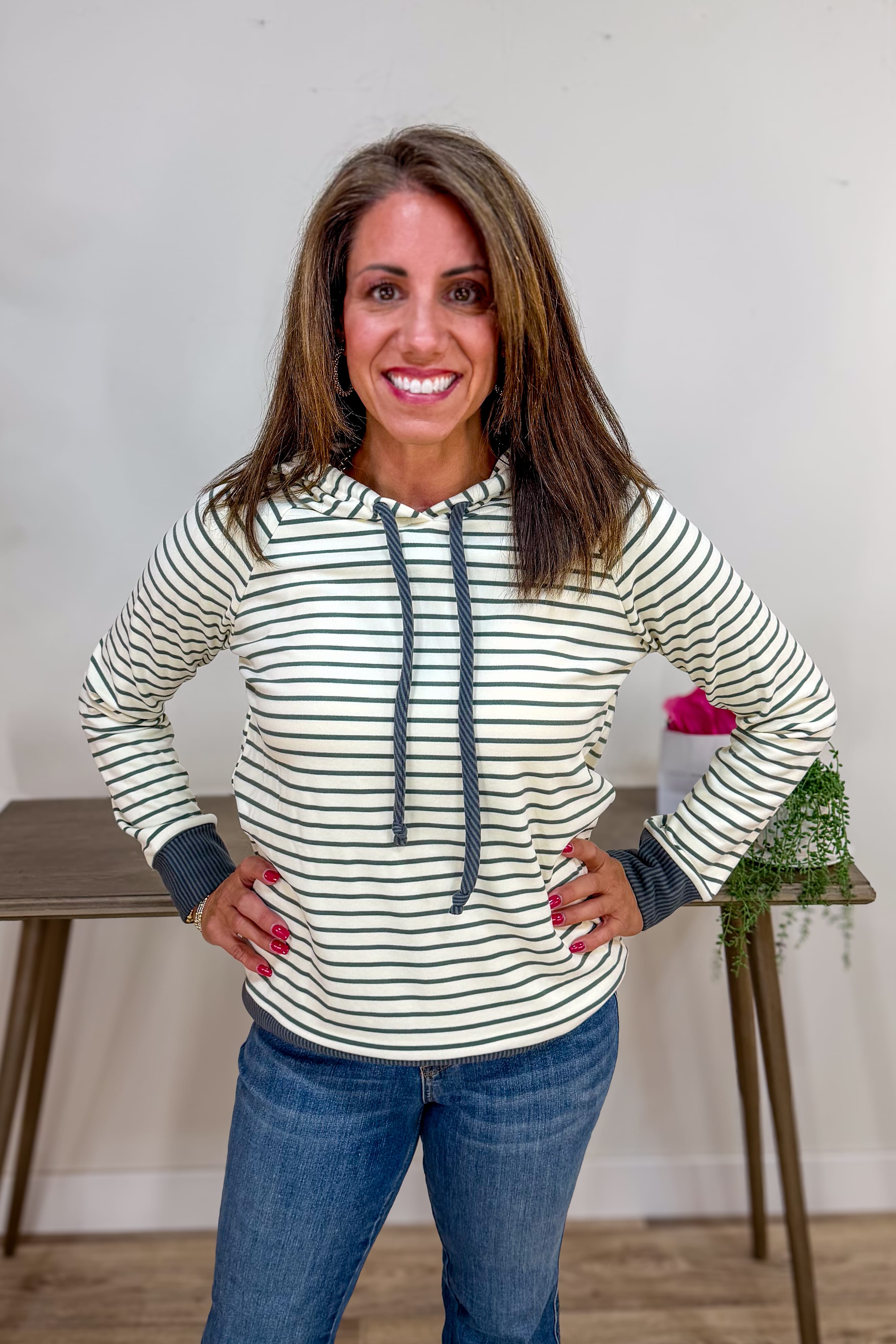 Ivory & Olive Striped Micro Brushed Hoodie
