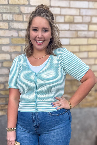 Mint & White Stripe V-Neck Cardigan