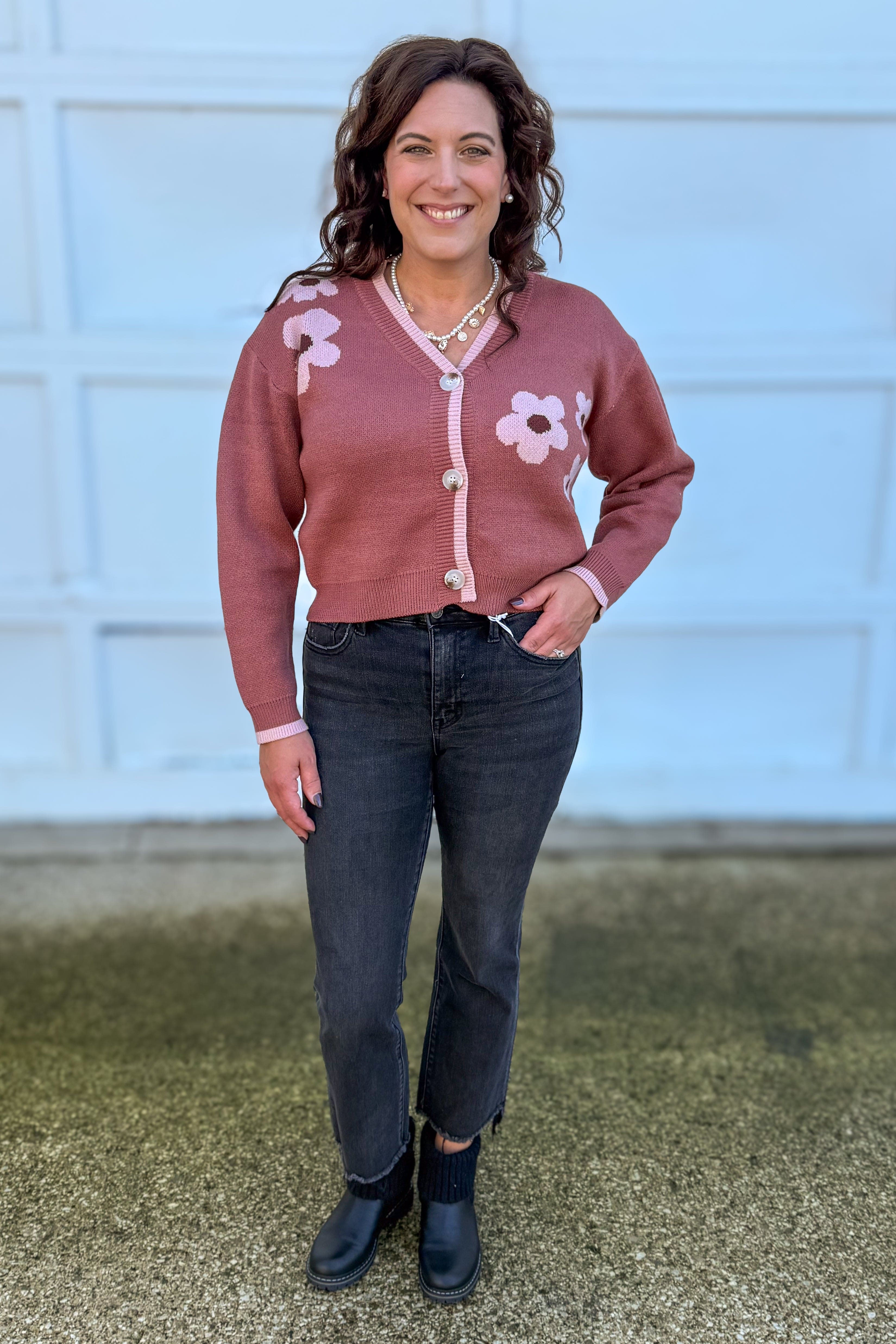 Rosewood Flower Motif Crop Cardigan Styled