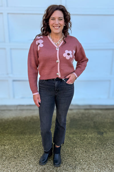 Rosewood Flower Motif Crop Cardigan Styled