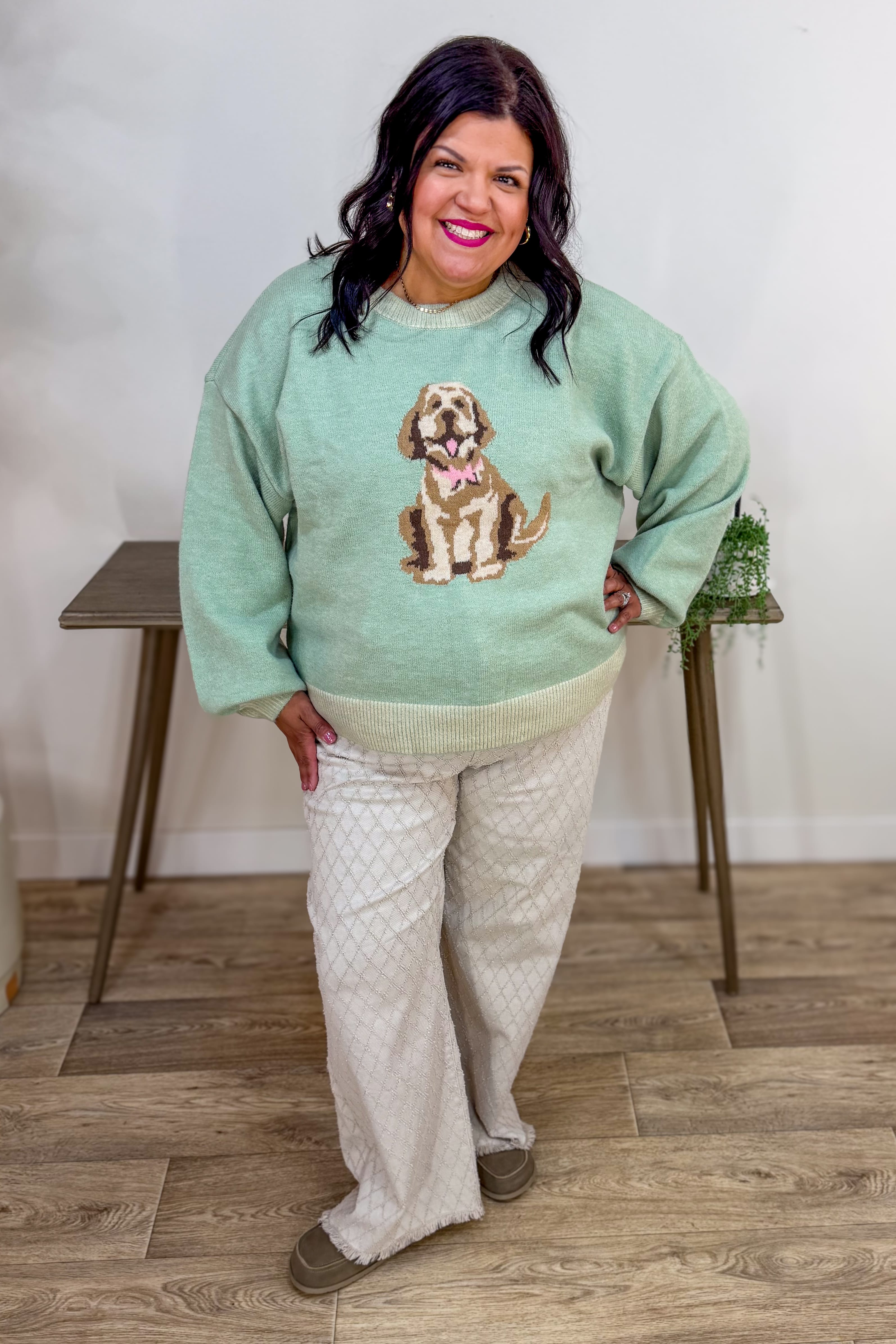 Sage Cute Dog Intarsia Knit Sweater Styled