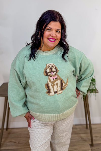 Sage Cute Dog Intarsia Knit Sweater