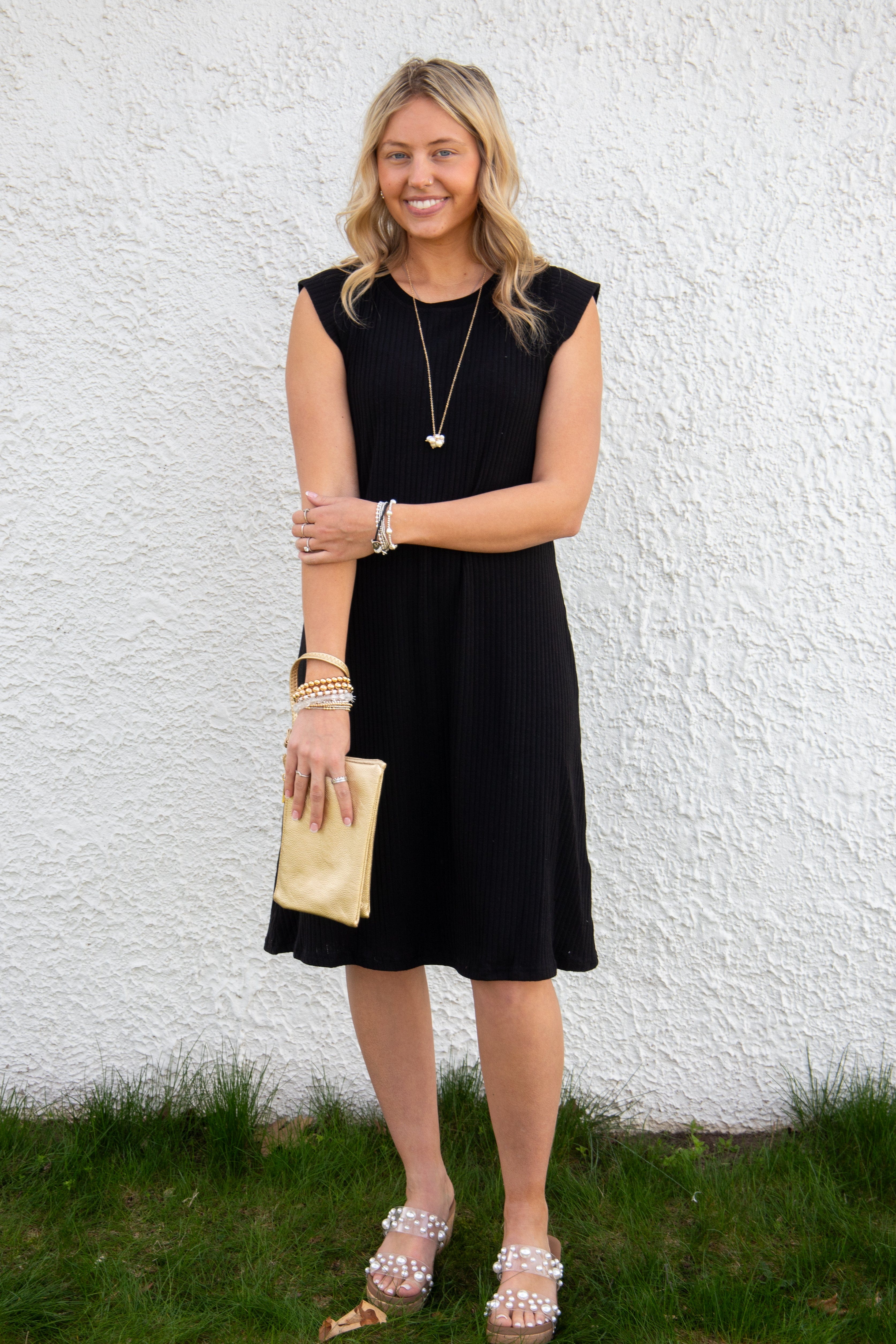 Black Rib Knit Mid Dress