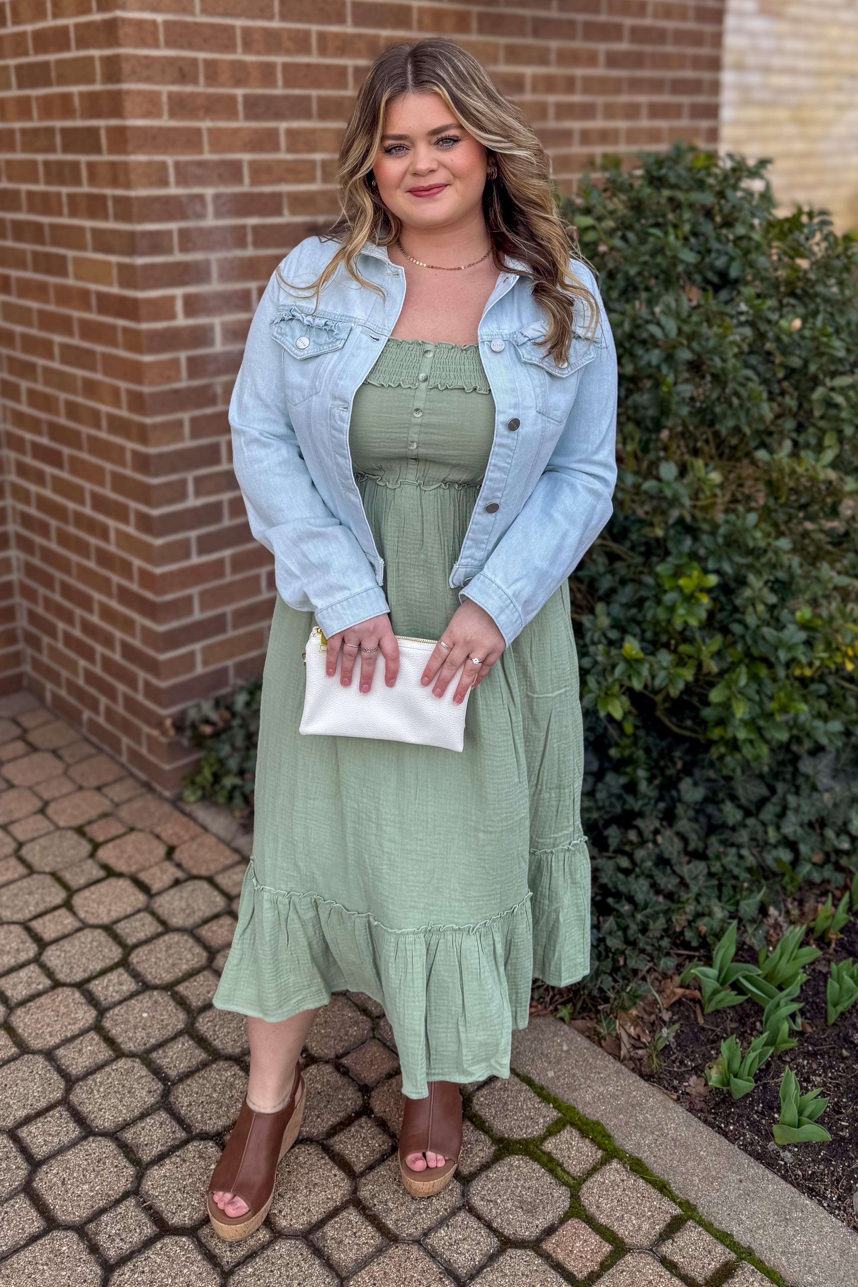 Sage Smocked Yoke Ruffle Tiered Midi Dress styled