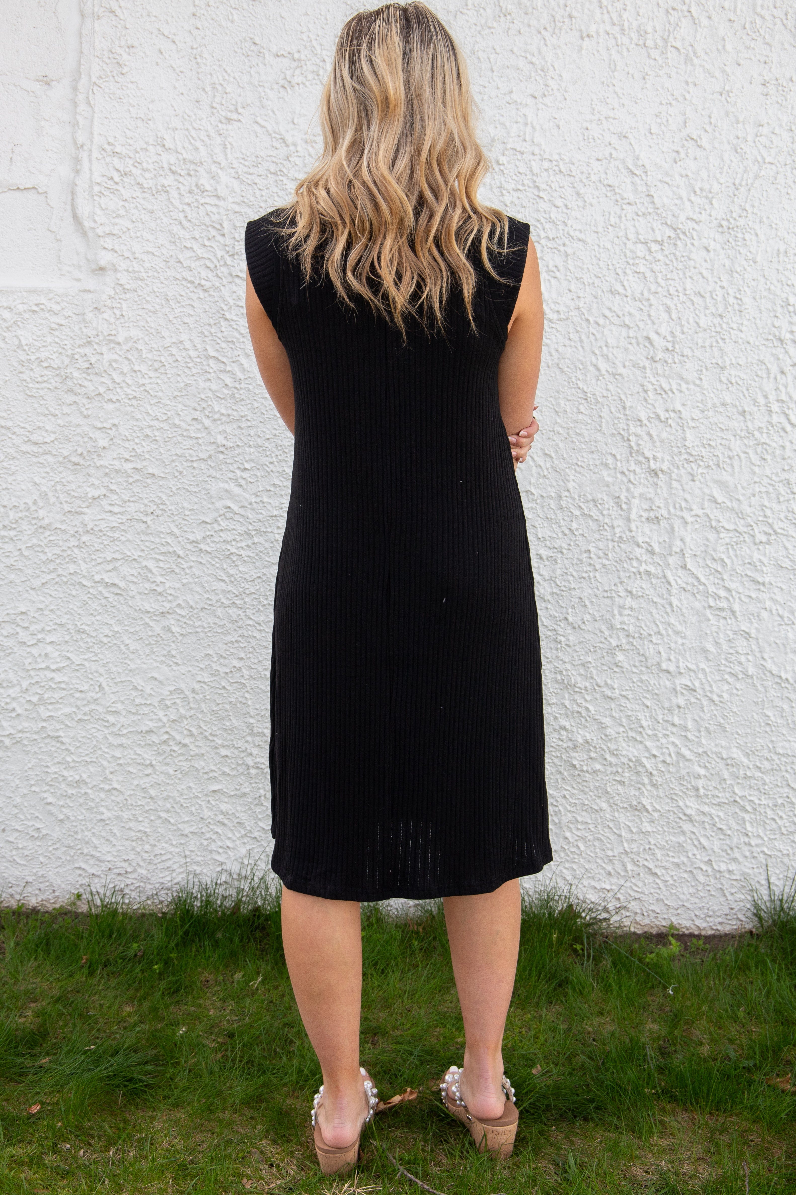Black Rib Knit Mid Dress back