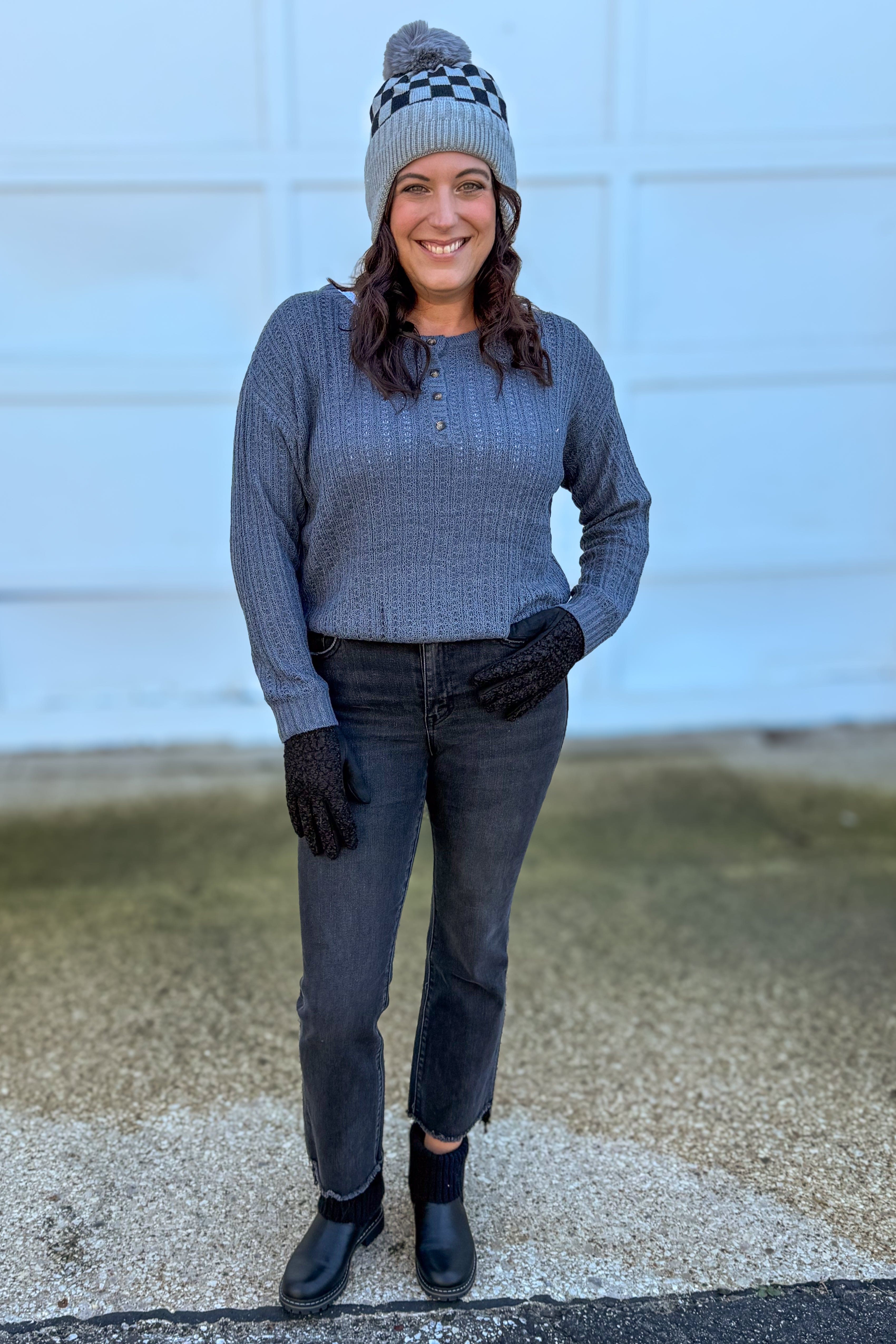 Navy Button Popover Sweater Styled