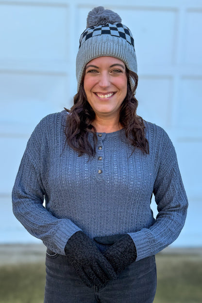 Grey Checkerboard Pom Beanie with Ear Flap