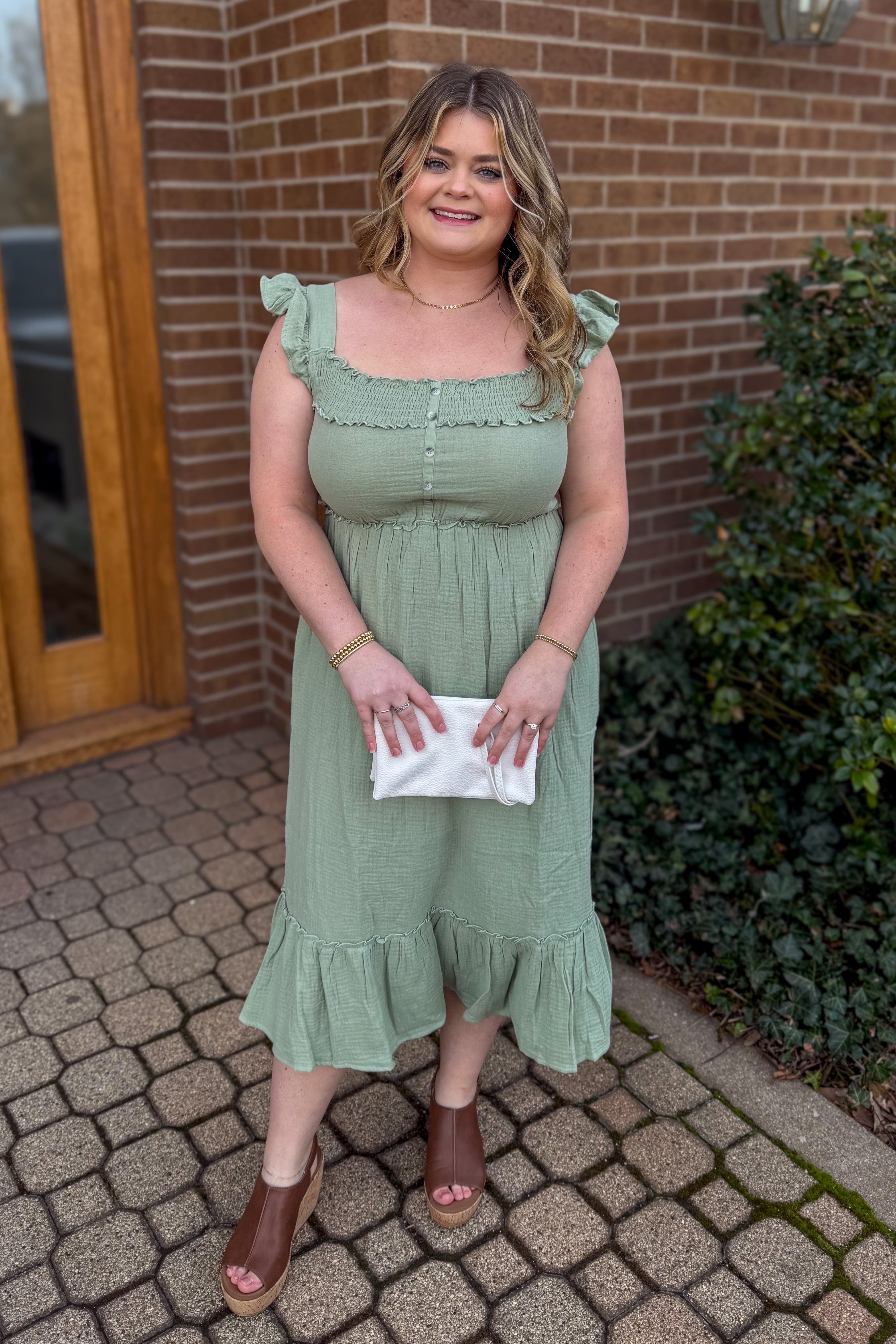 Sage Smocked Yoke Ruffle Tiered Midi Dress 