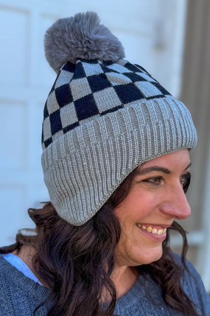 Grey Checkerboard Pom Beanie with Ear Flap