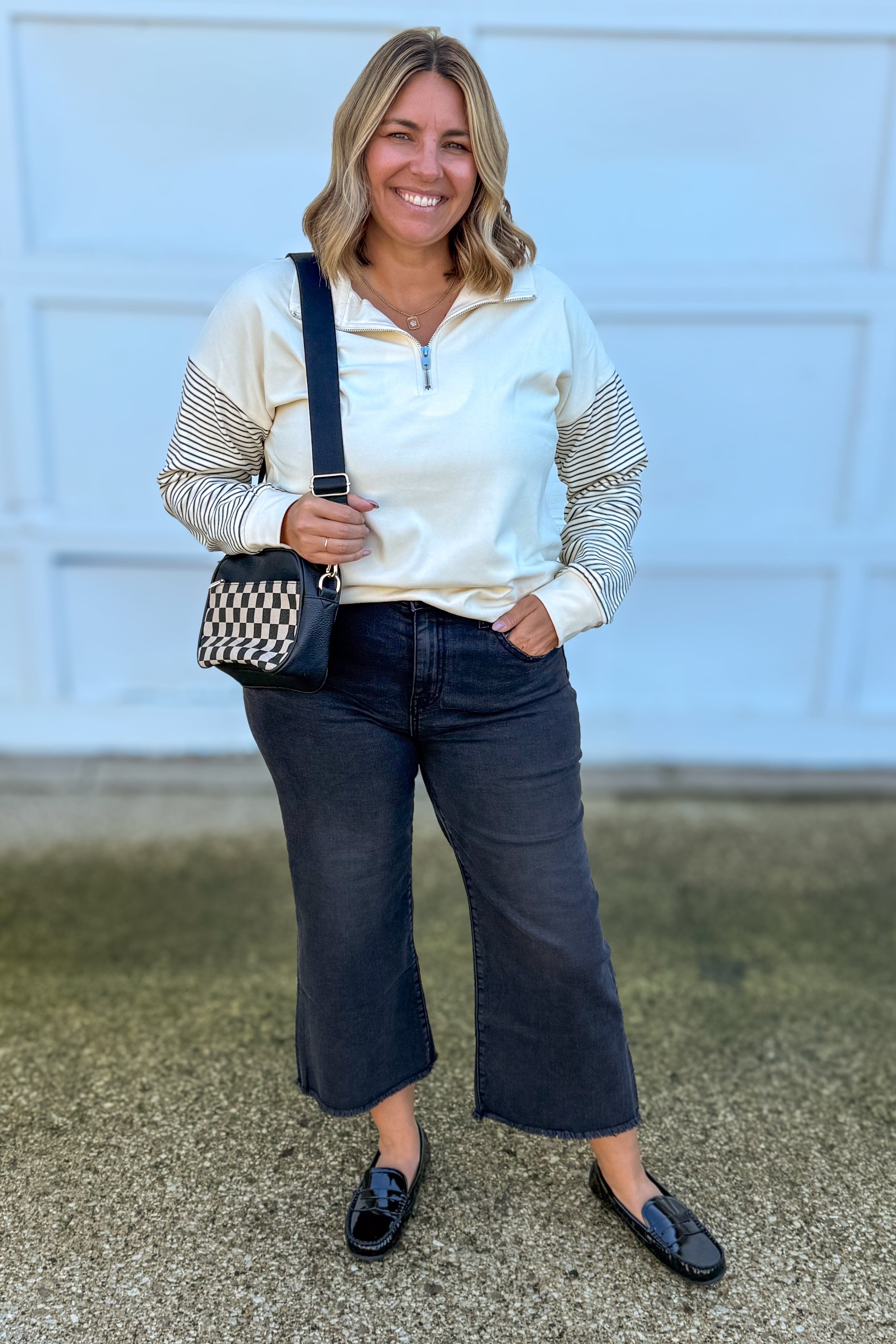 Cream Stripe Blocked Half Zip Mock Neck Top Styled