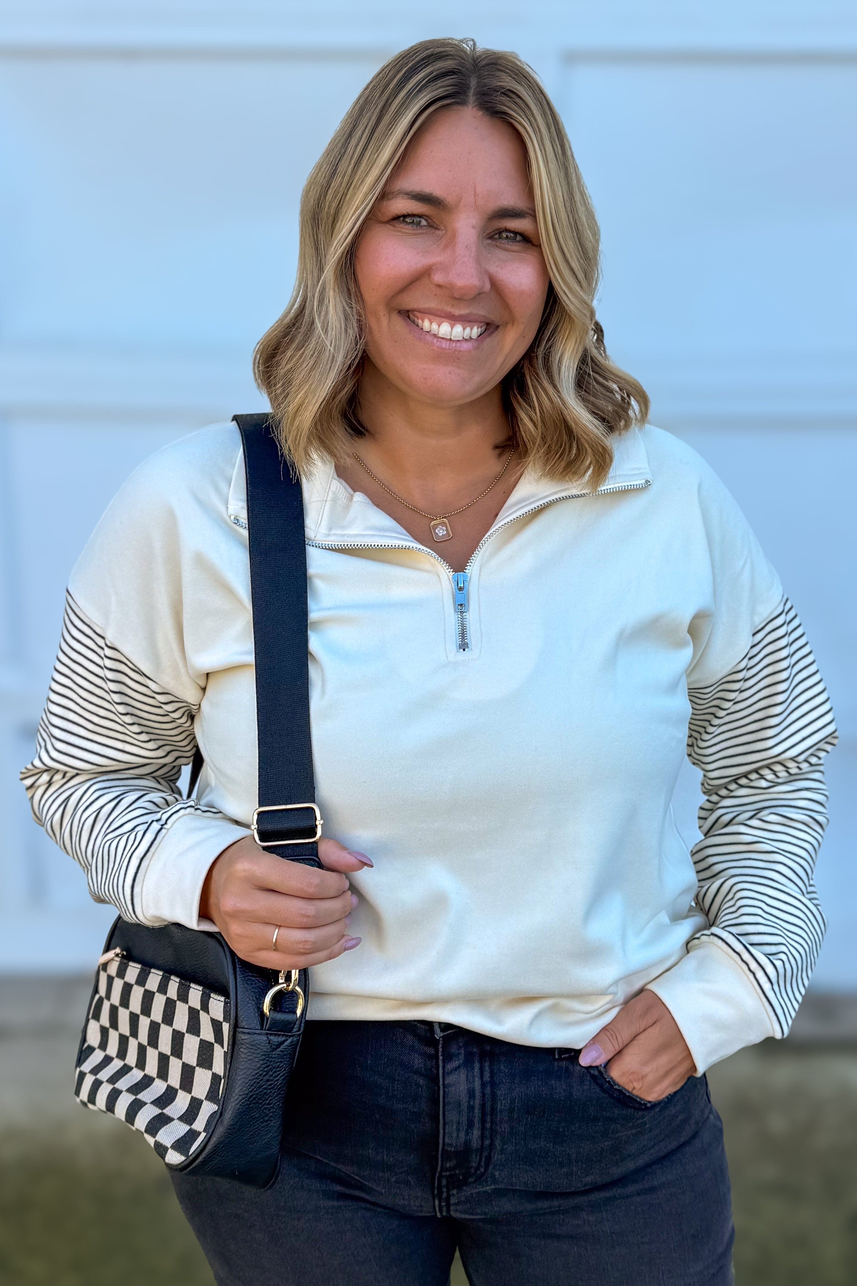 Cream Stripe Blocked Half Zip Mock Neck Top