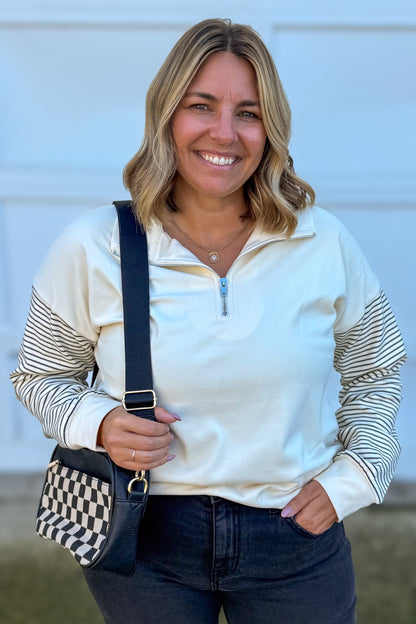 Cream Stripe Blocked Half Zip Mock Neck Top