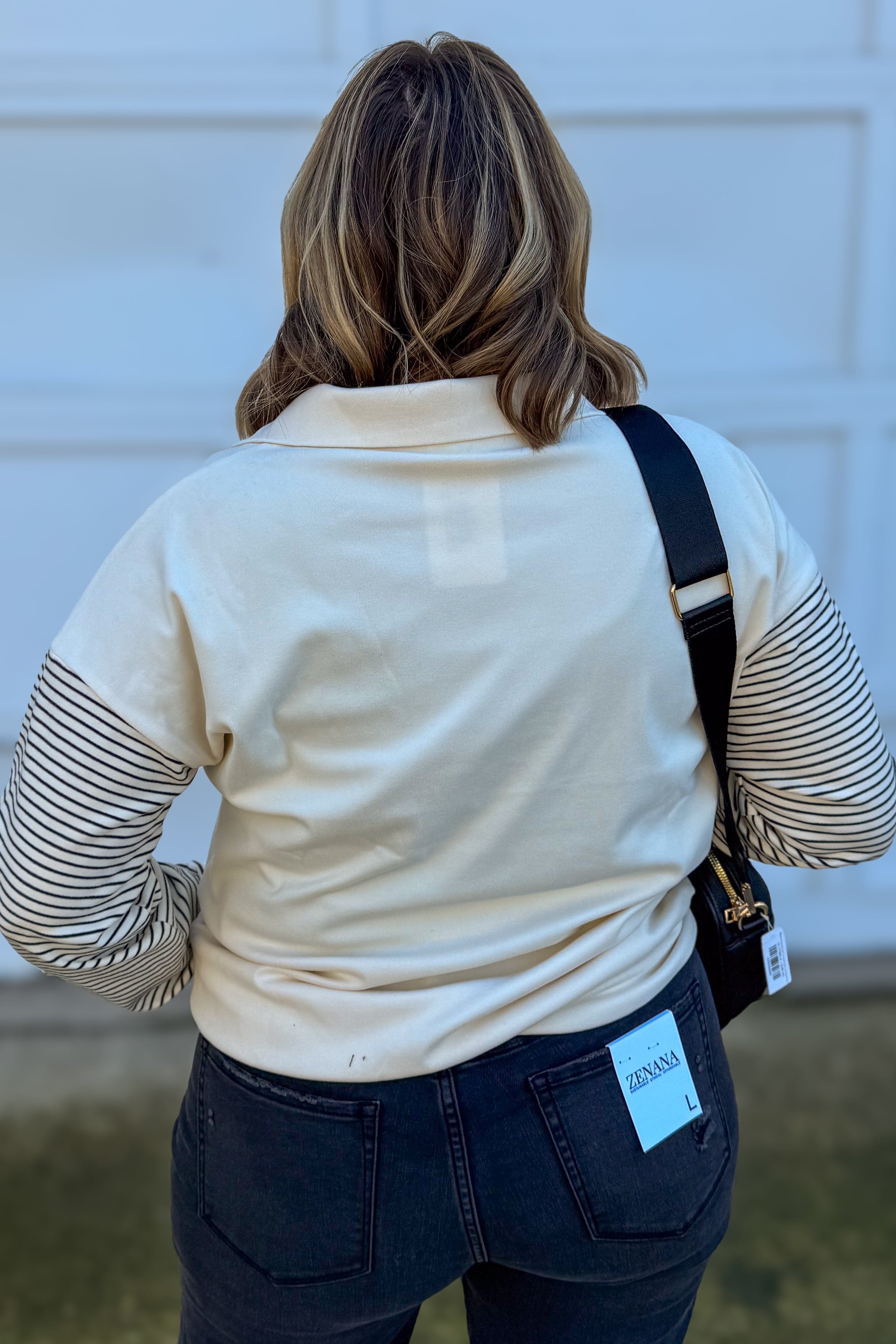 Cream Stripe Blocked Half Zip Mock Neck Top Back