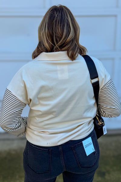 Cream Stripe Blocked Half Zip Mock Neck Top Back
