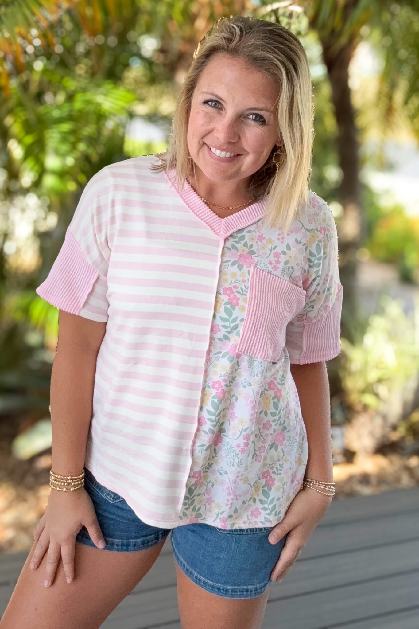 Pink & Ivory Ribbed Stripe & Floral Top