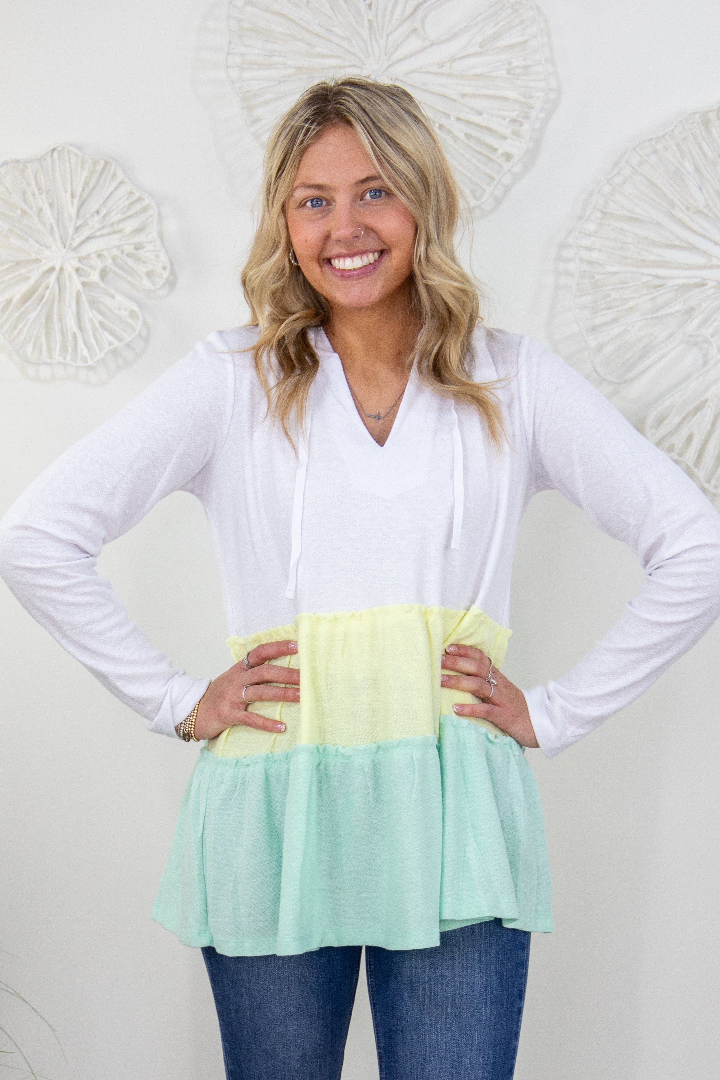 Green Color Block Ruffle Hoodie
