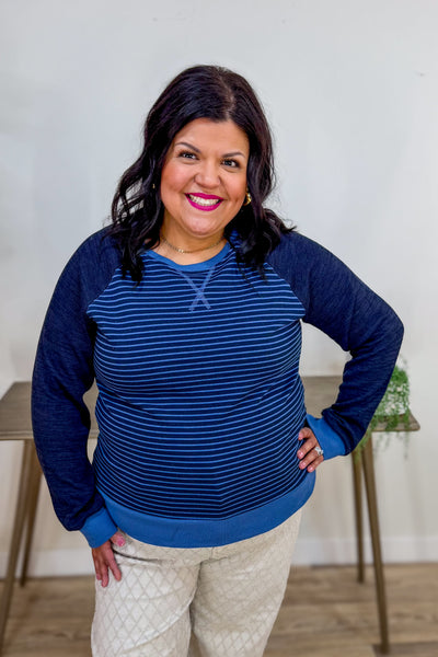 Blue Stripe Colorblock Sleeve Pullover