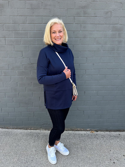 Navy Cozy Cowl Neck Pullover styled