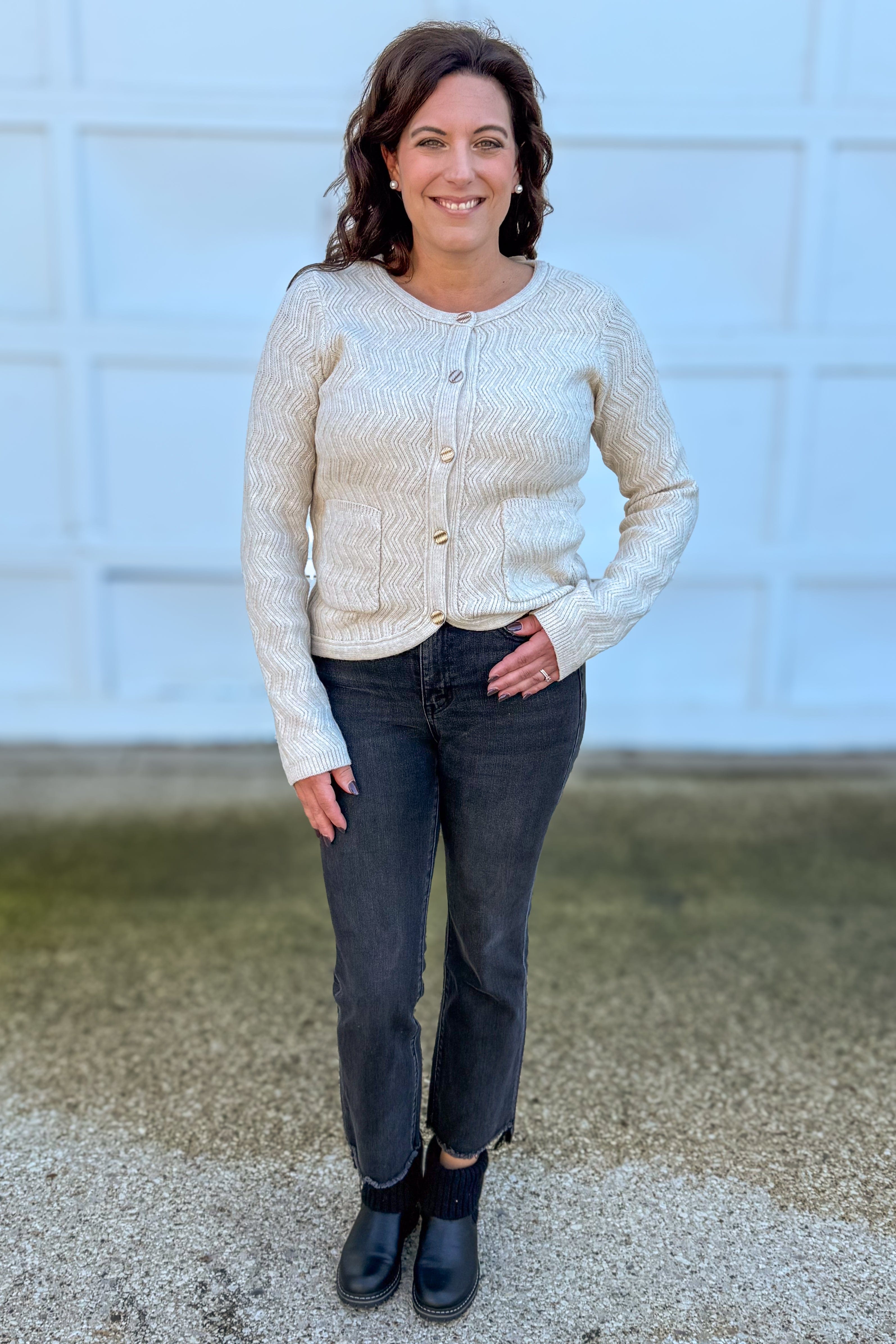 Ecru Chevron Pattern Button Down Cardigan Styled