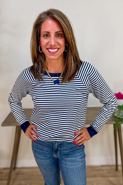 Navy & Ivory Striped Terry Pullover