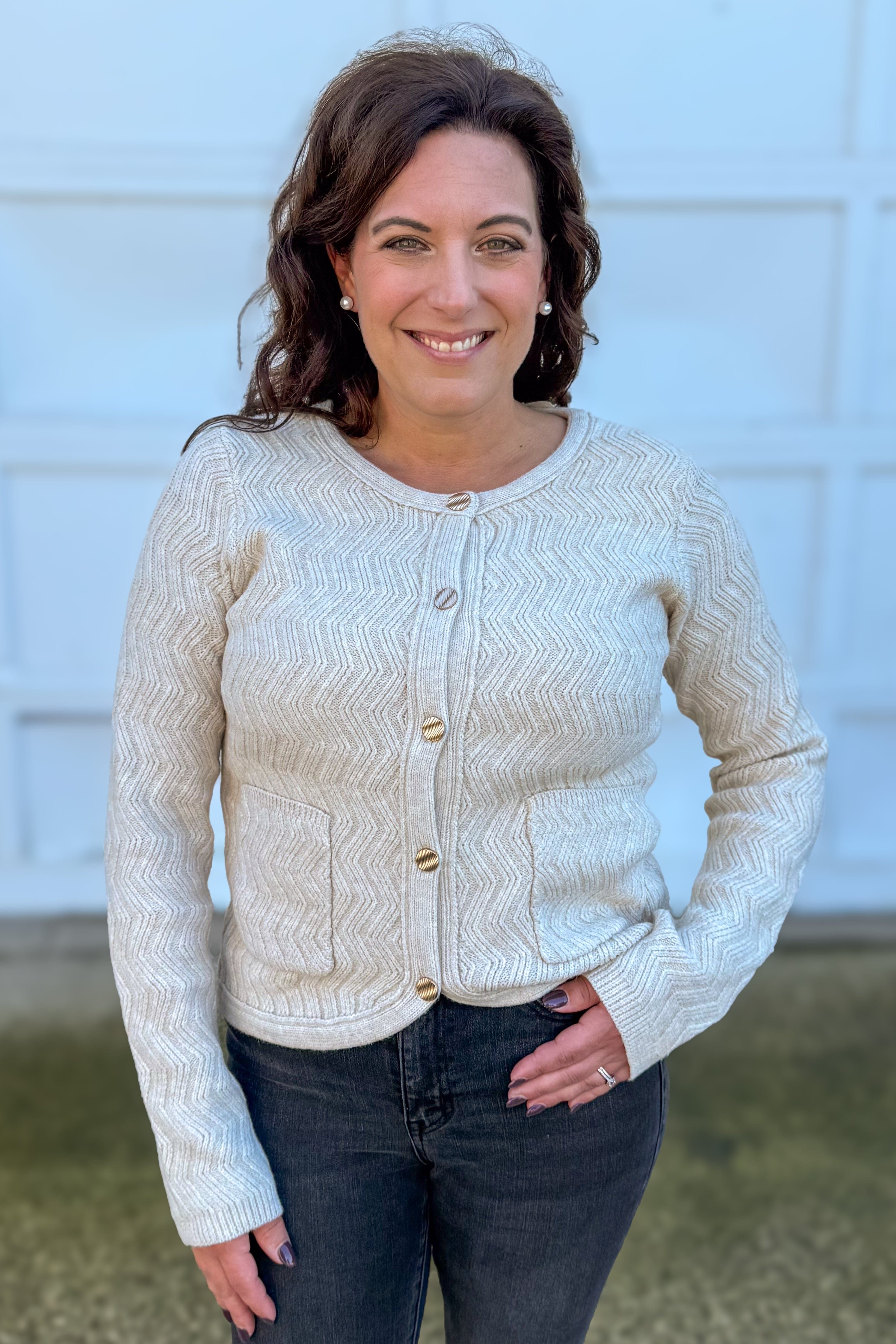 Ecru Chevron Pattern Button Down Cardigan