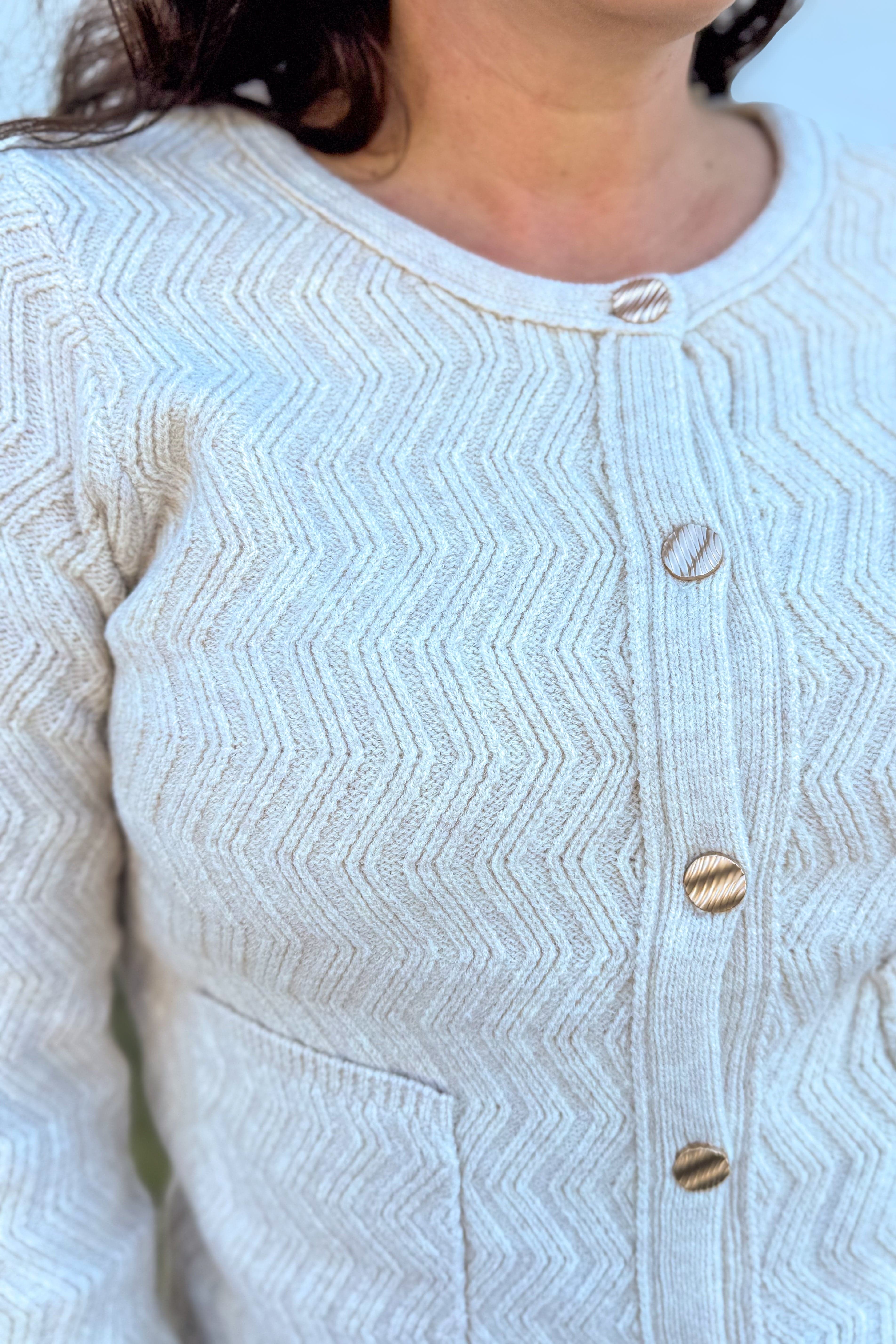 Ecru Chevron Pattern Button Down Cardigan Detailed