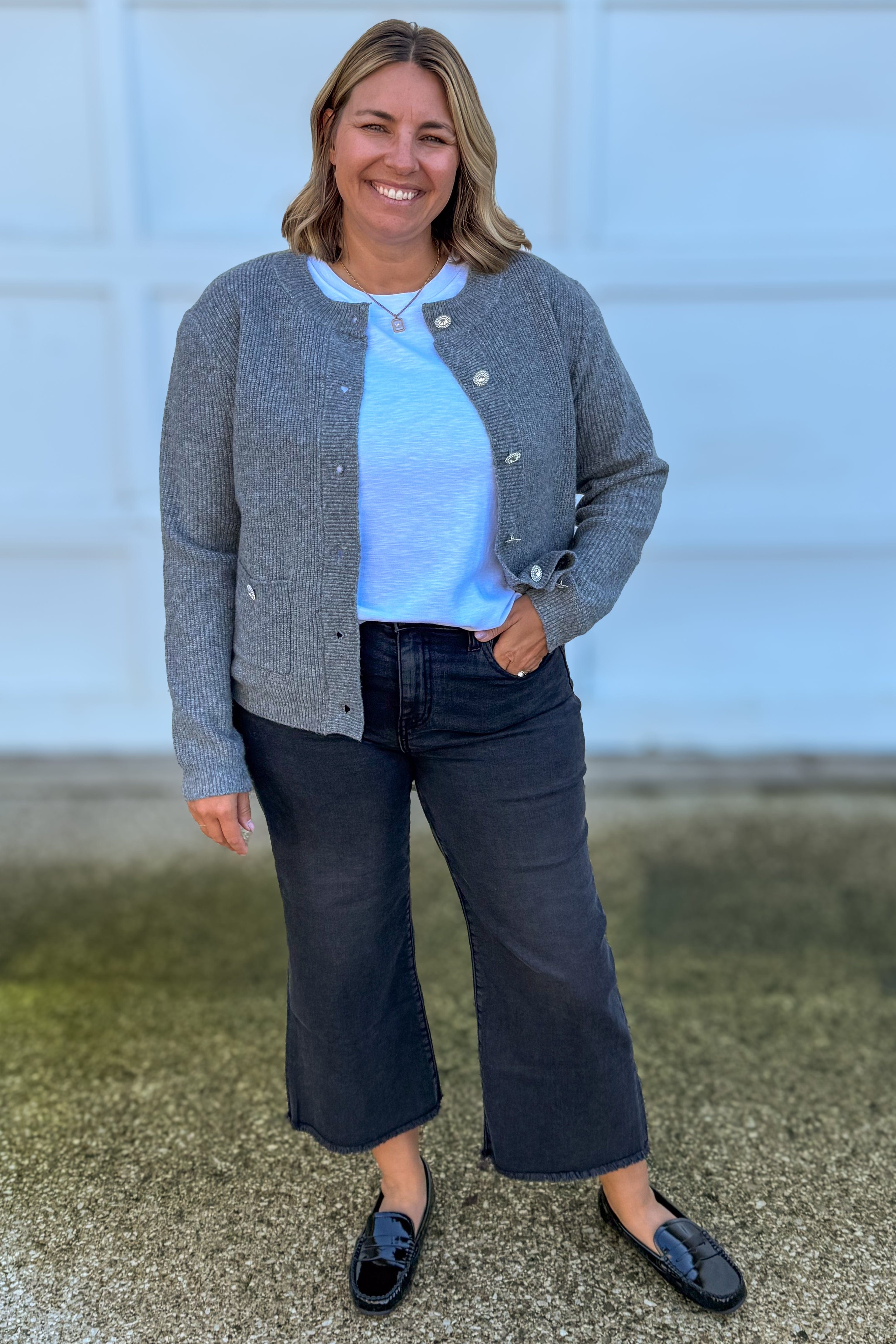 Grey Rhinestone Button Cardigan Styled