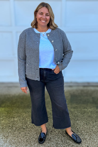 Grey Rhinestone Button Cardigan Styled