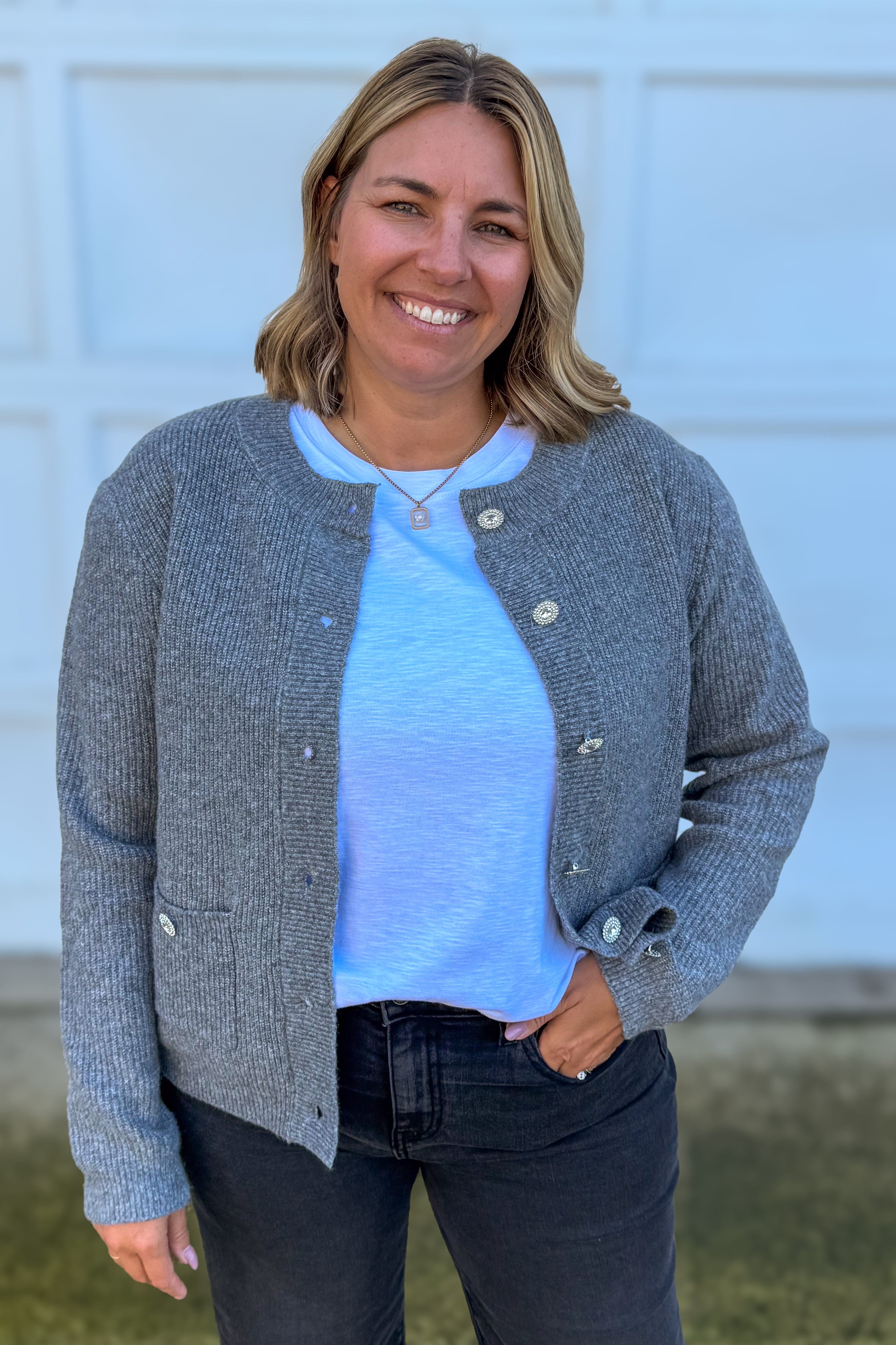 Grey Rhinestone Button Cardigan Styled
