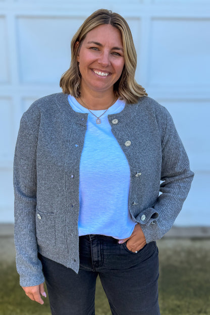 Grey Rhinestone Button Cardigan Styled