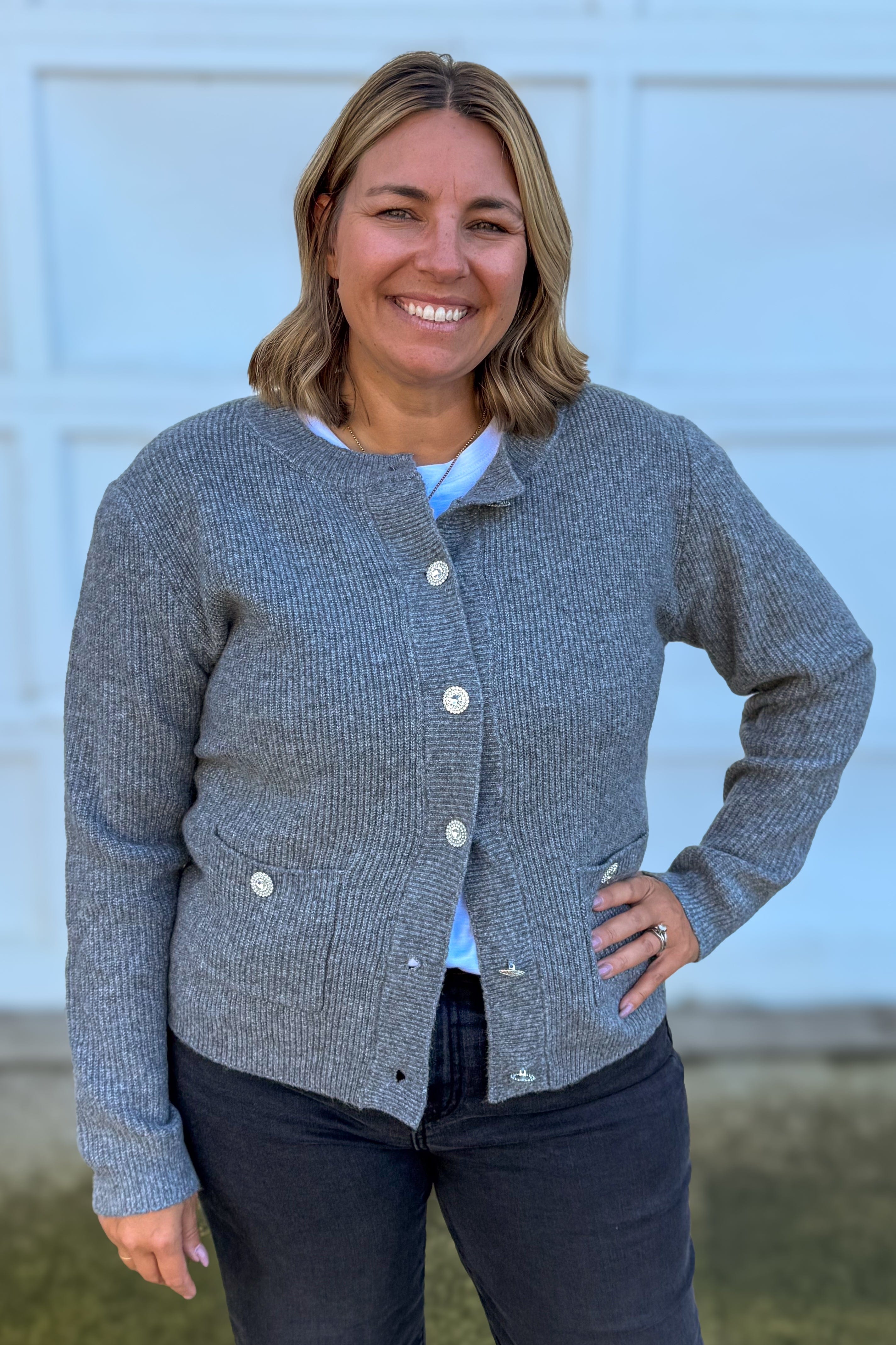 Grey Rhinestone Button Cardigan