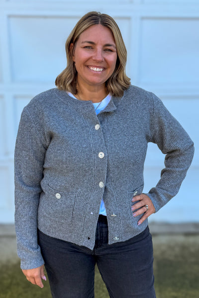 Grey Rhinestone Button Cardigan