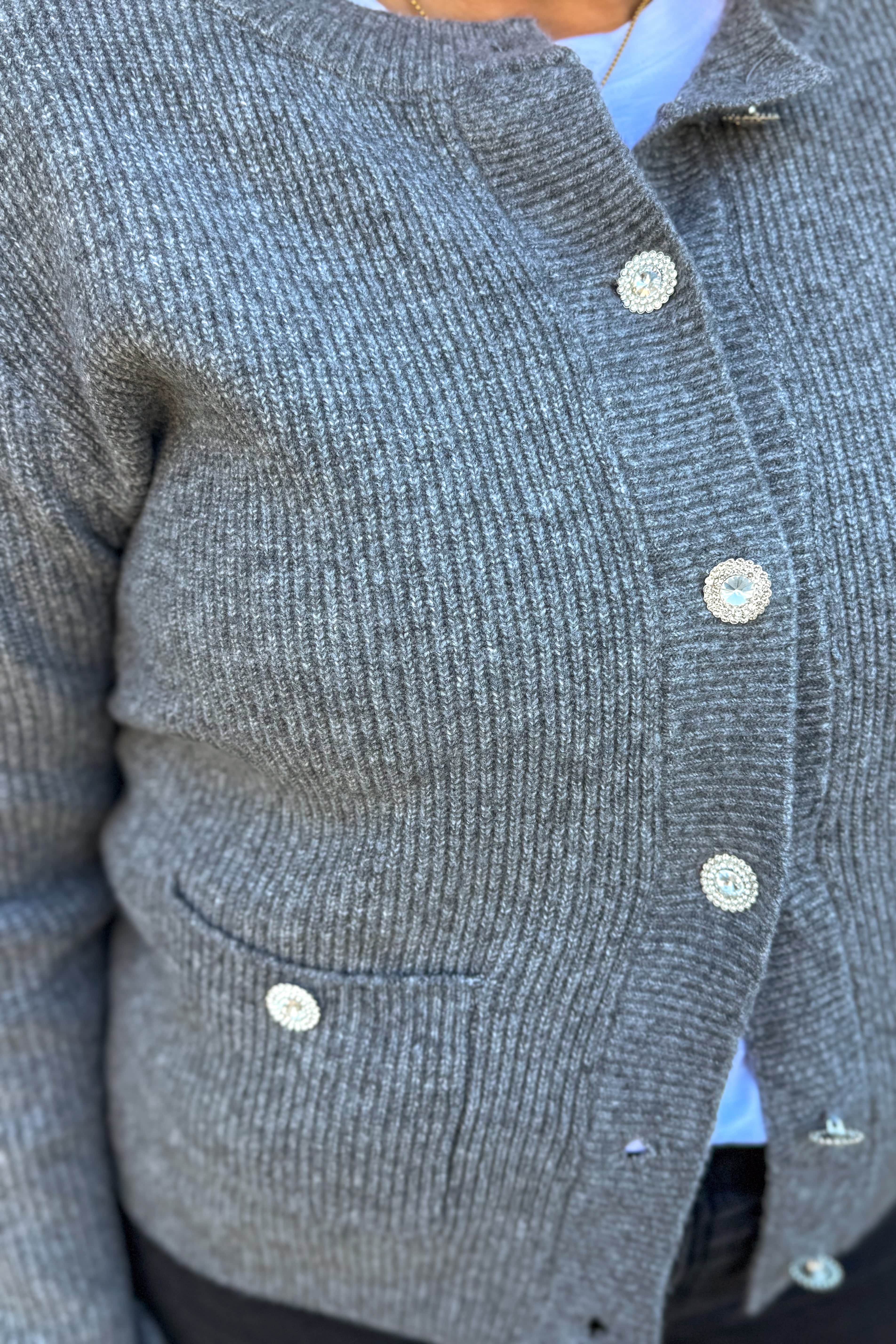 Grey Rhinestone Button Cardigan Detailed