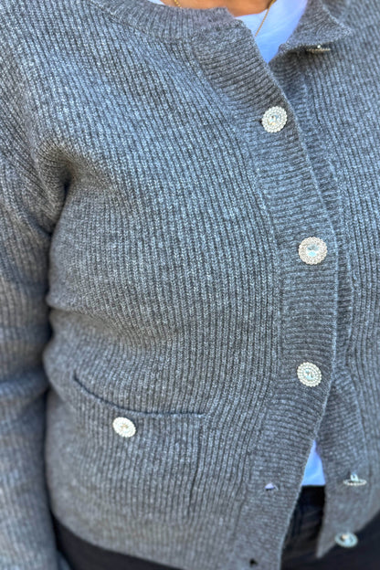 Grey Rhinestone Button Cardigan Detailed