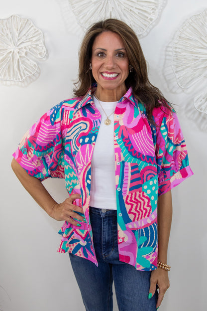 Magenta & Teal Print Blouse