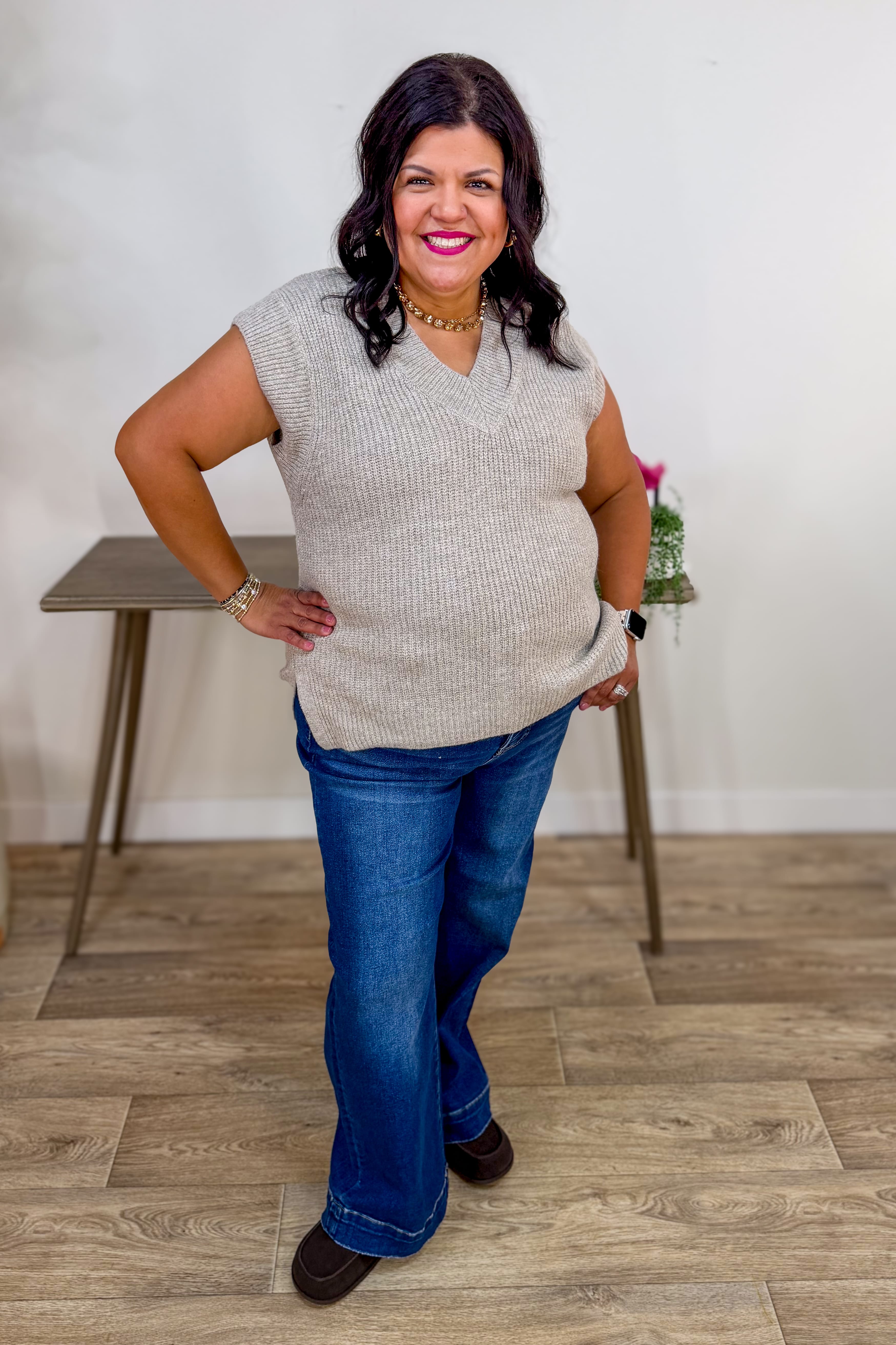 Heather Mocha V-Neck Sweater Vest Styled