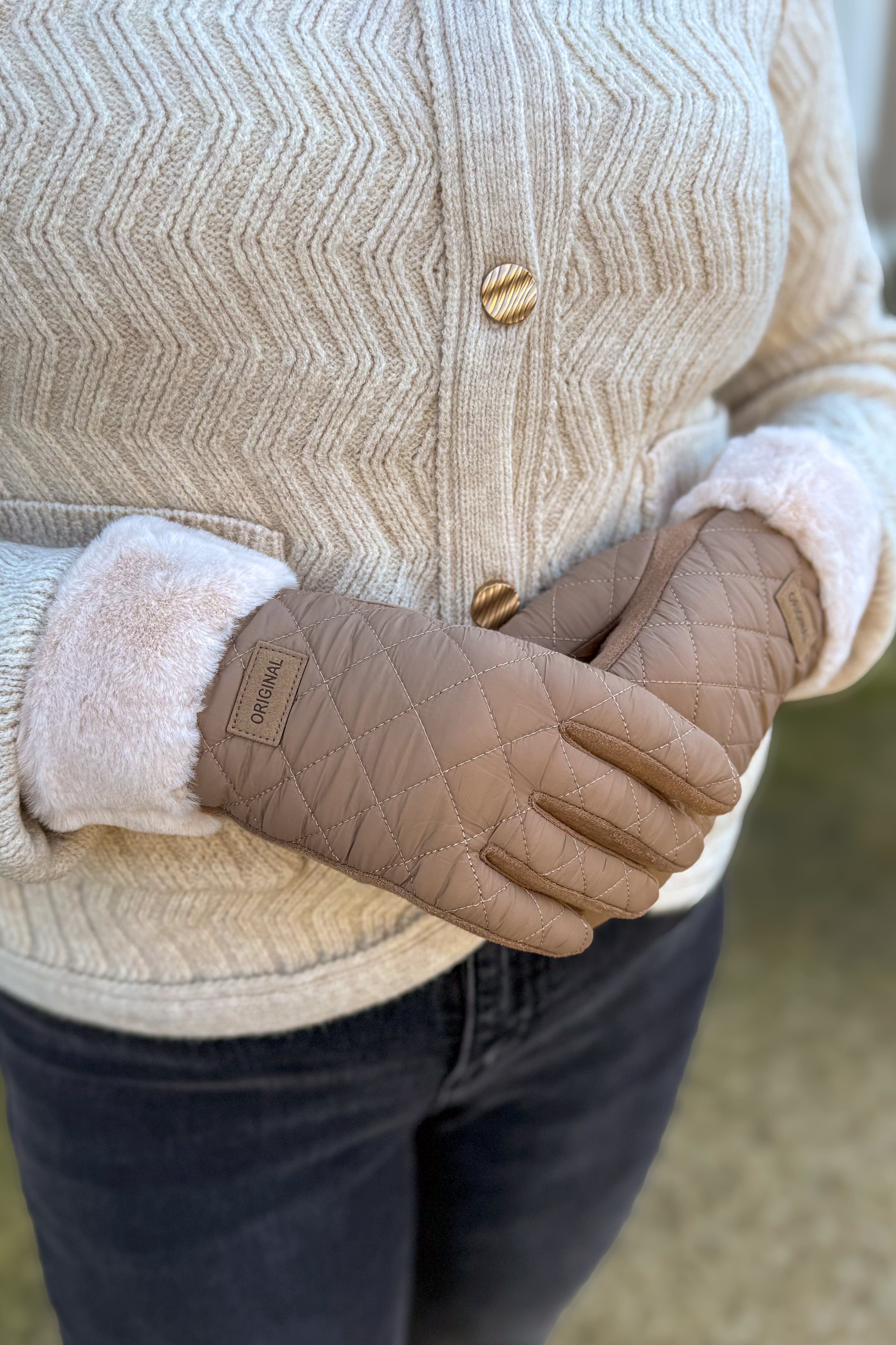 Khaki Quilted Texture Faux Fur Cuff Glove