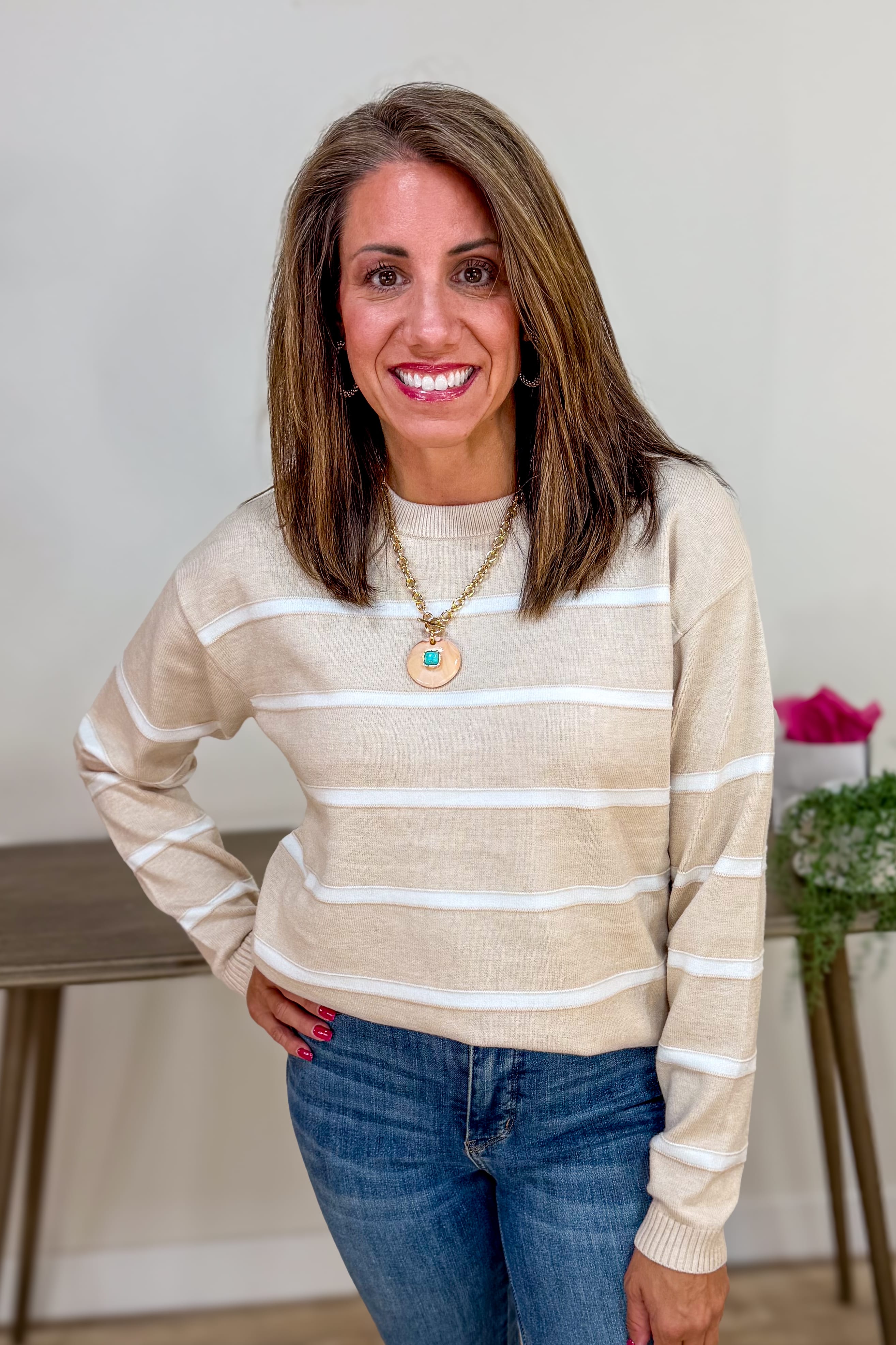 Heather Beige Viscose Striped Sweater