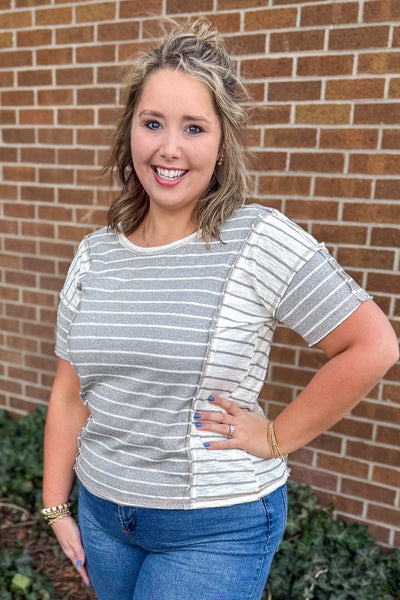 Gray Color Block Stripe Knit Top