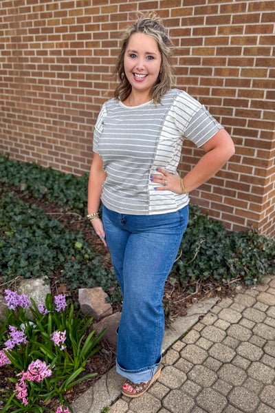Gray Color Block Stripe Knit Top styled