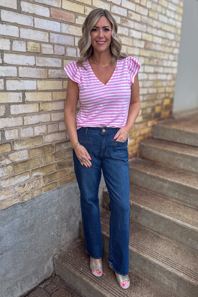Pink Flutter Sleeve Knit Tee styled