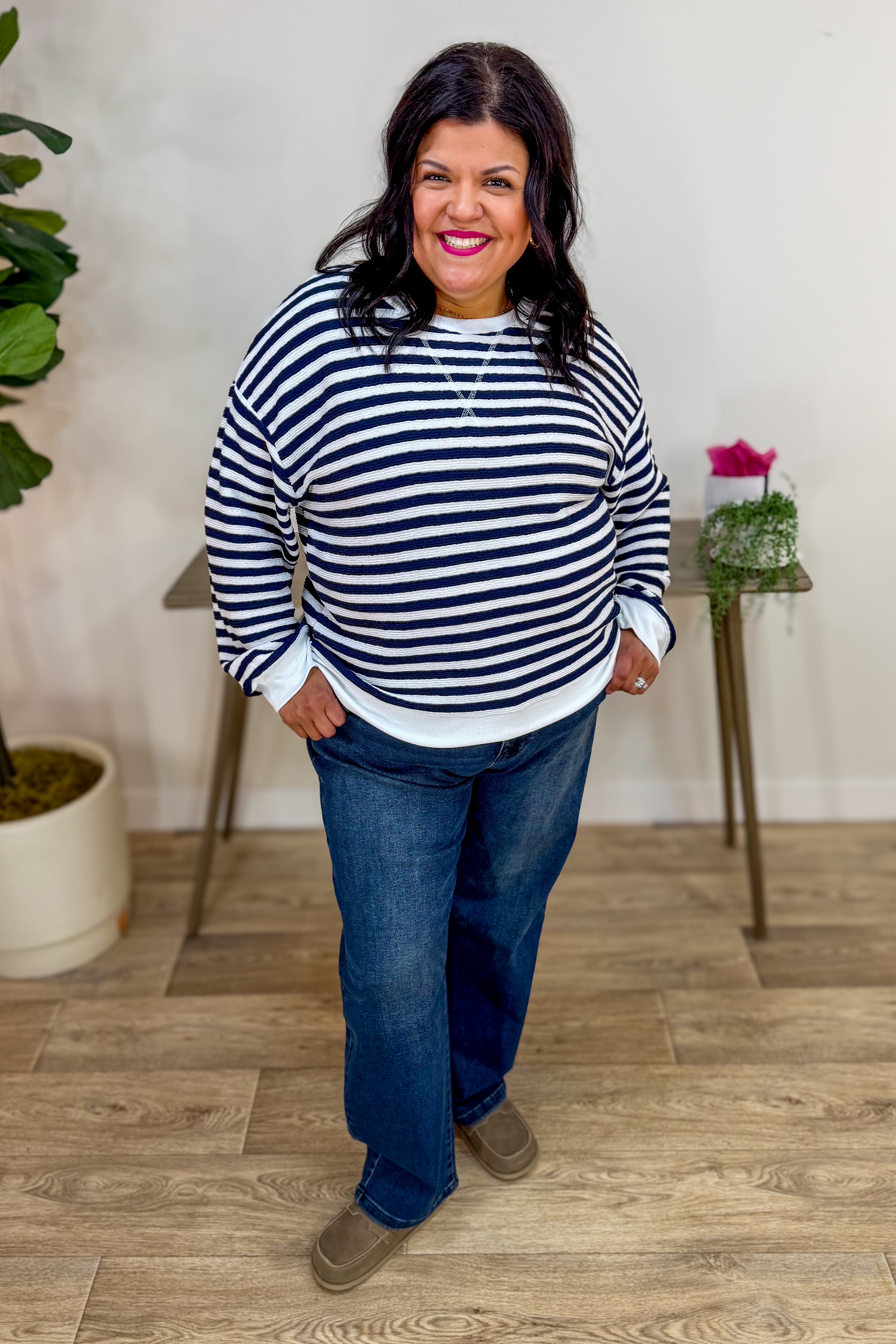 Navy Striped Rib Banded Pullover Styled