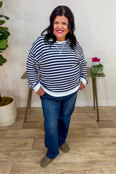 Navy Striped Rib Banded Pullover Styled