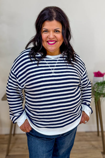 Navy Striped Rib Banded Pullover