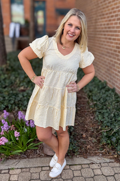  Yellow Bubble Sleeve Tiered Mini Dress styled